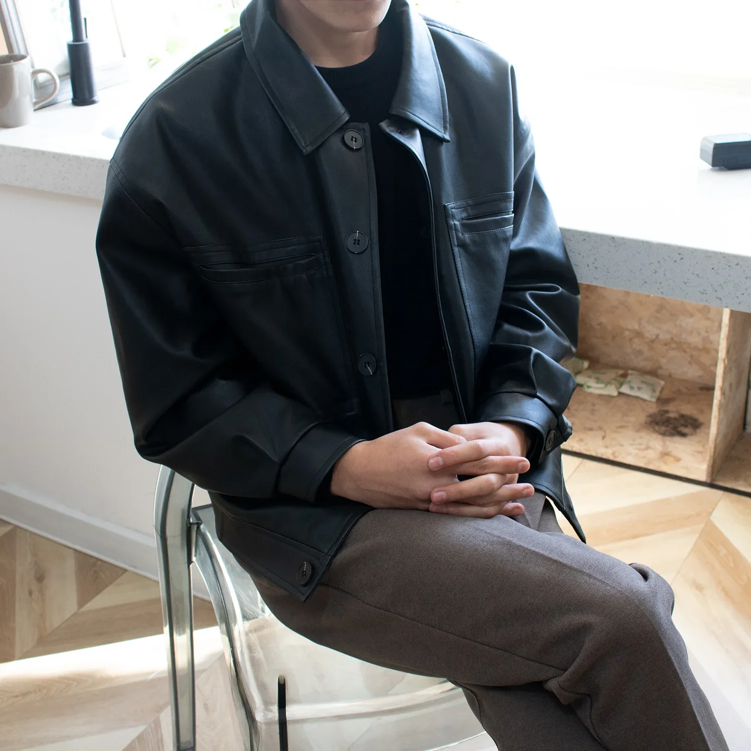 Мужская свободная куртка из искусственной кожи короткая мотоциклетная кожаная в