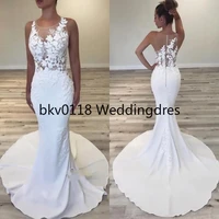mermaid wedding dresses sheer spcoop lace appliques satin bridal gowns count train back covered buttons country wedding dress