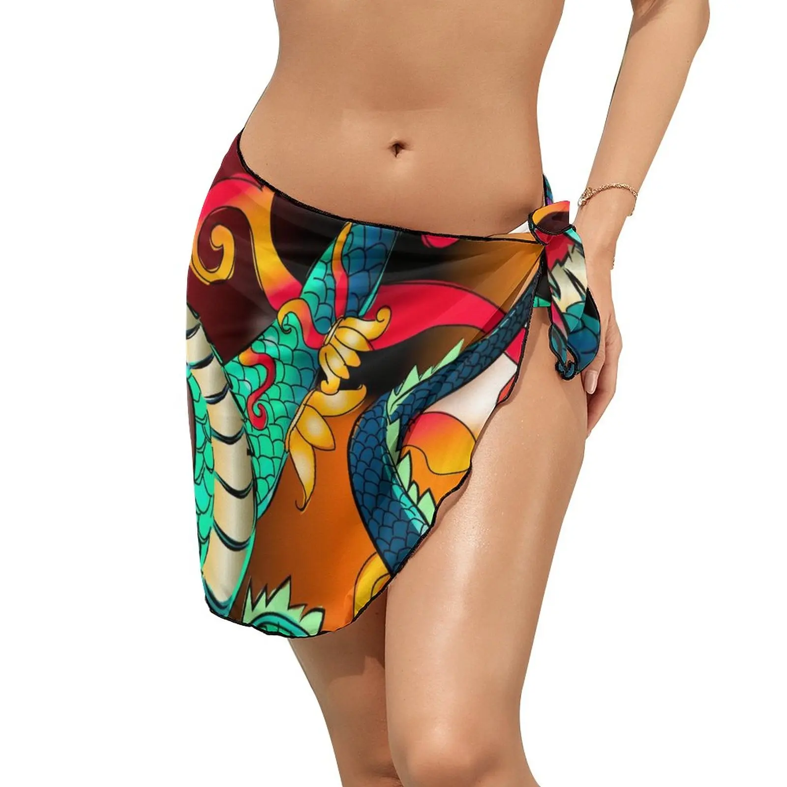 Green Chinese Dragon Beach Bikini Cover Up Dance Animal Print Chiffon Cover-Ups Lady Sexy Wrap Scarf Swimwear Oversize Beachwear