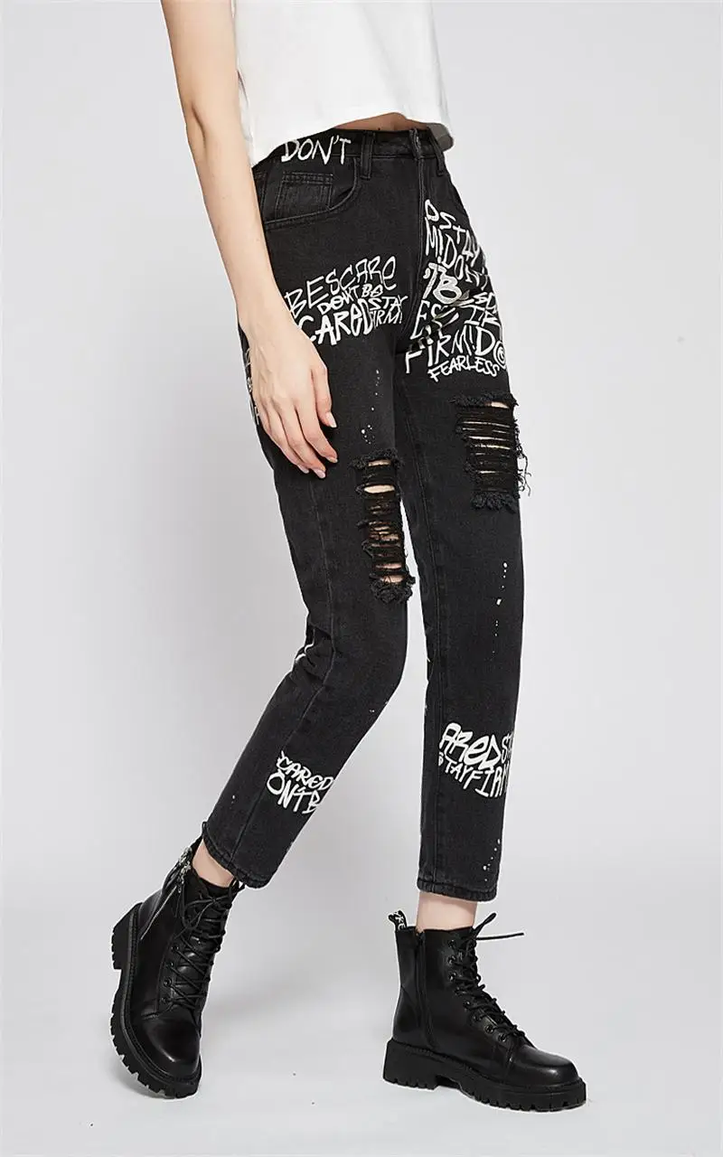Spring and Autumn Hot Sale Ladies Black Jeans Personality Letter Print Ripped Hole Straight Cross Pants Hot Pants