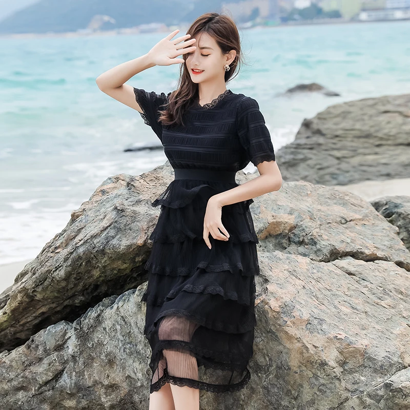 

SuperAen 2022 New Summer O Neck A Line Mid Calf Casual Sweet Cake Dresses for Women