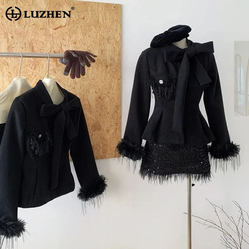 LUZHEN дизайн с перьями однотонный тонкий пиджак пальто 2024 осень-зима мини-юбка