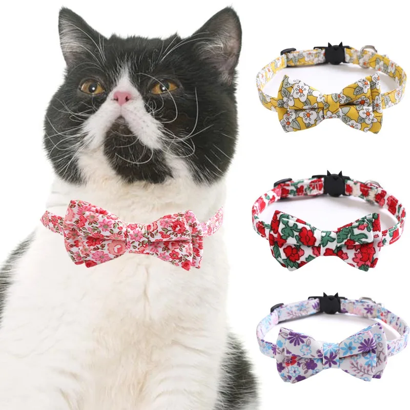 

Cute Adjustable Small Cat Collars Floral Cat Collar Pet Cat Bowknot Collar Removable for Small Medium Cats