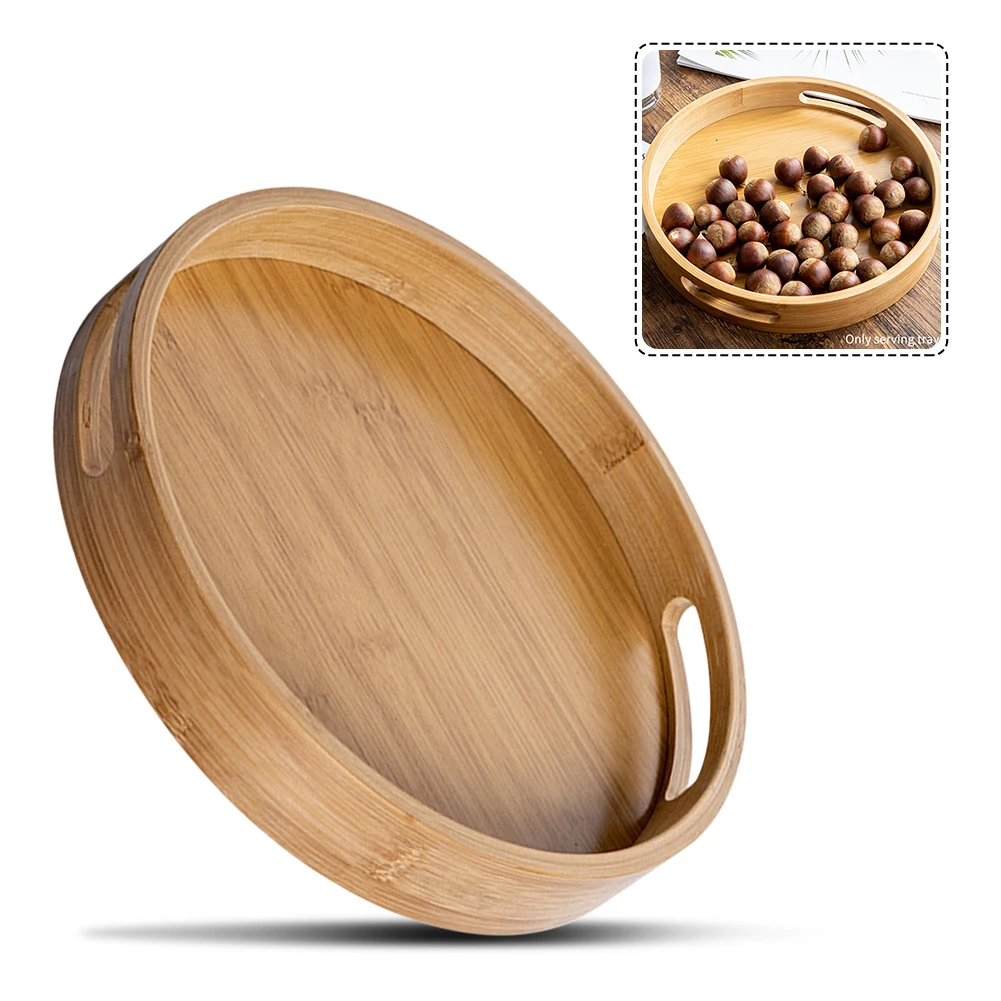 

Tableware Cut Out Handles Dining Room Party Bamboo Wood Natural Round Food Storage Home Dessert Bread Serving Tray Raised Edge