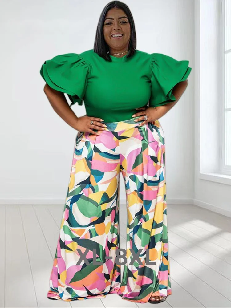 Plus Size New in Matching Sets Two Piece Outfits Summer Clothes Solid Shirts Tops and Print Pants Whol 3xl 4xl 5xl 6xl
