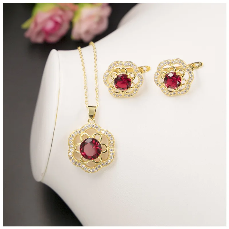 

Exquisite Gold Plated Flower Cubic Zirconia Necklace Bracelet Ring Earring Women Luxury African Bridal Wedding Jewelry Sets