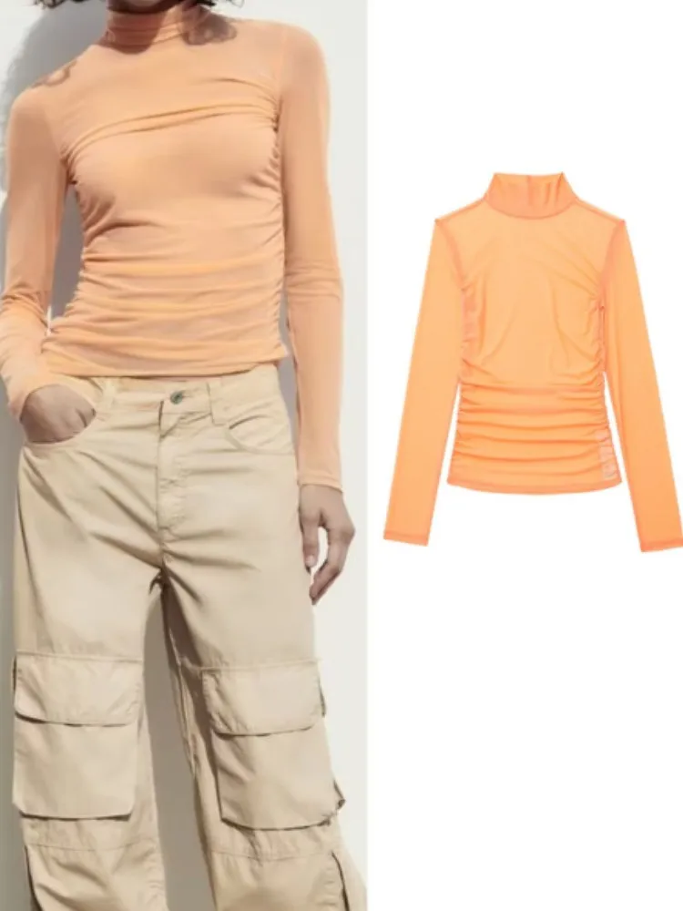 

RDMQ 2023 Summer Pleated Tulle Blouses Tops New Women Vintage Solid Long Sleeve Transparent Thin T-Shirts V-neck Casual Tops