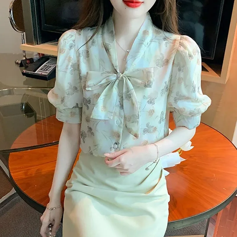 Летние женские Топы с бантом на воротнике шифоновая блузка принтом рубашка