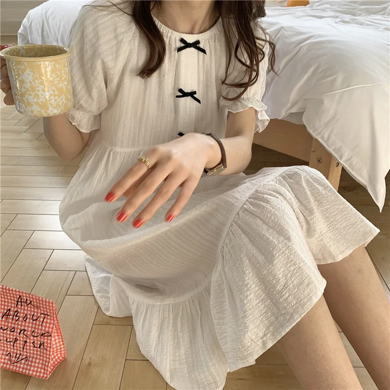 

Princess Round Neck Mid Calf Nightgown Female Sweet Ruffles Sleeve Home Dress Loose Sleepwear with Bow Baggy Nightwear Lingerie