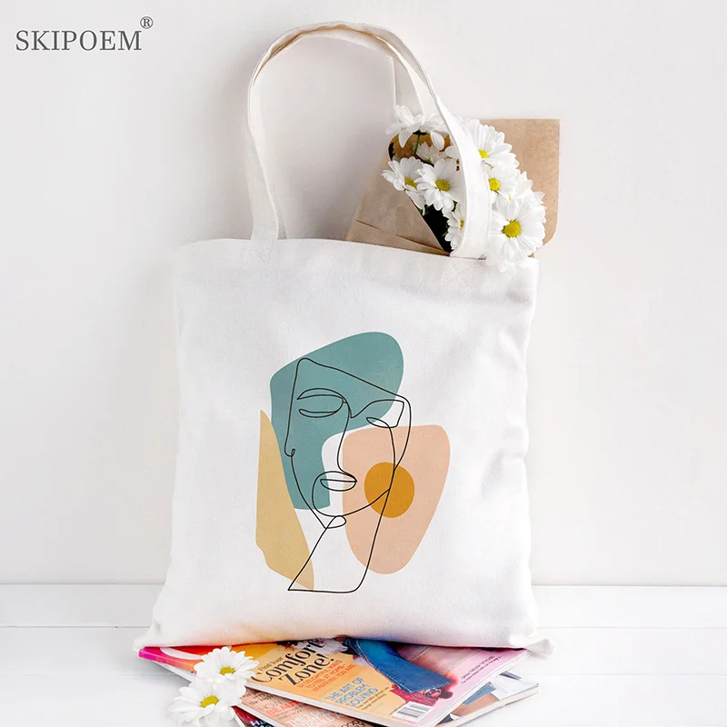 

Bag Beach Shoppers Tote Canvas Shoulder Bags Messenger White Hand Bag Women Face Painting Cartoon Art Kawaii Vintage School Bag