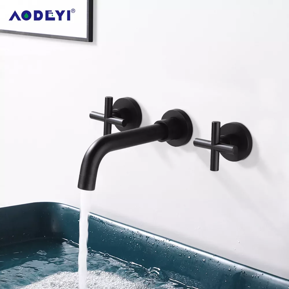

Matte Black Brass Double Handle Wall Mounted Bathroom Faucets Sink Faucet Hot & Cold Water Taps Basin Mixer Brushed Gold Tap Set