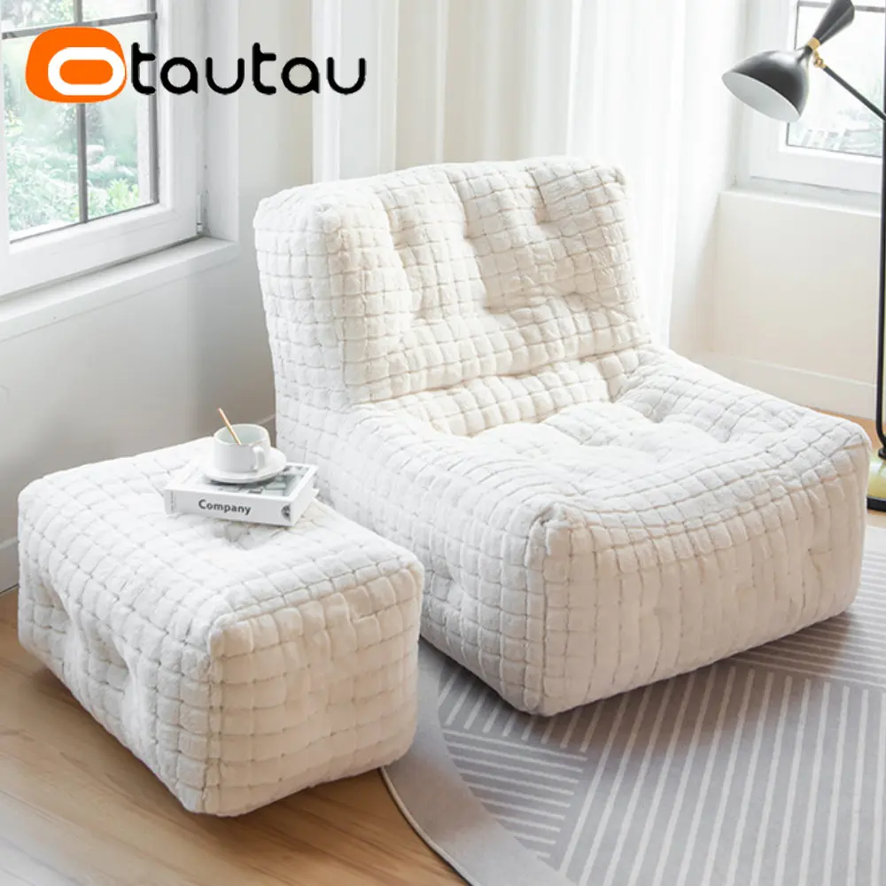 

OTAUTAU Luxury Waffle Faux Bunny Fur Pouf Sofa Bed Bean Bag Cover No Filler Chaise Lounge Recliner Couch Puff Ottoman Sac SF055