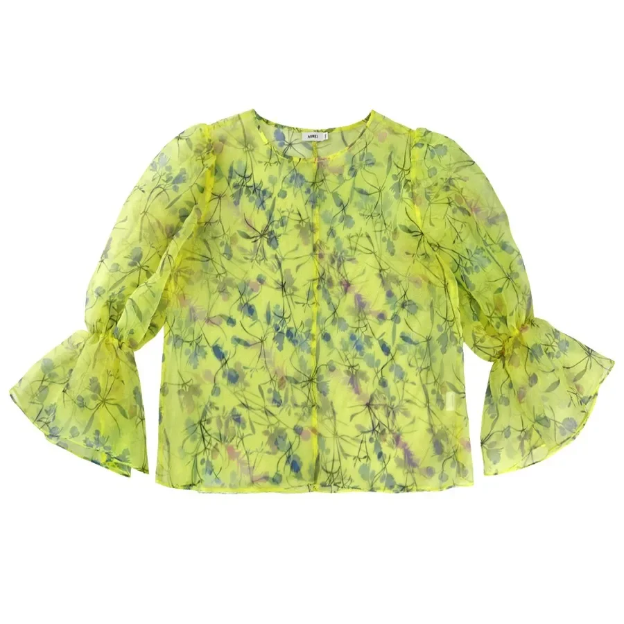 Желтые прозрачные блузки из органзы с принтом для женщин сексуальные рубашки