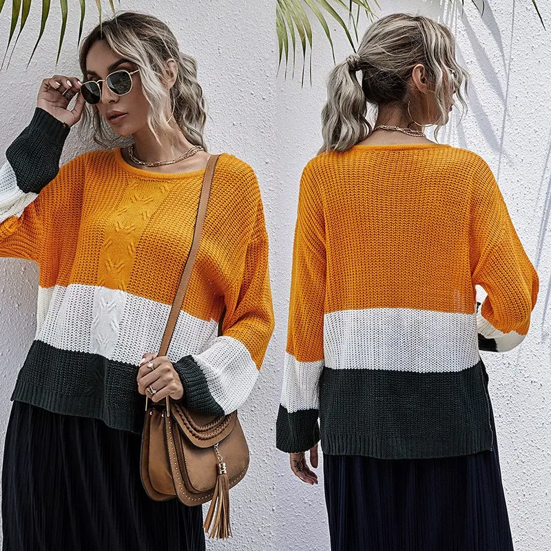 

Лидер продаж, женские свитера Kf, модная осенне-зимняя повседневная трикотажная одежда, вязаный свитер в полоску с длинным рукавом и круглым ...