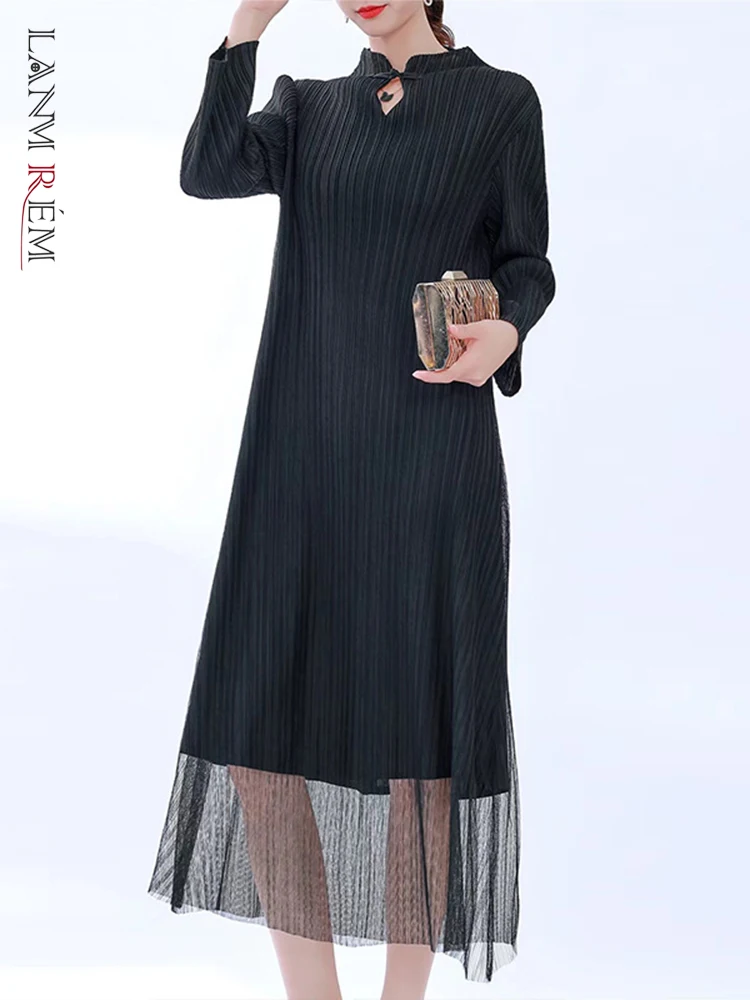 

LANMREM Mesh Stitching Pleated Dress For Women Stand Collar Long Sleeves Vintage Dresses Ladies Elegant Clothing 2023 New 32A337