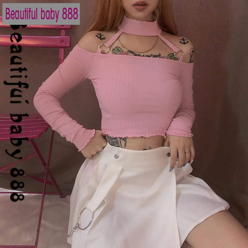 

Новинка 2020, лидер продаж, элегантная повседневная облегающая футболка с оборками, милые розовые укороченные топы без бретелек в стиле Харадзюку, женские футболки