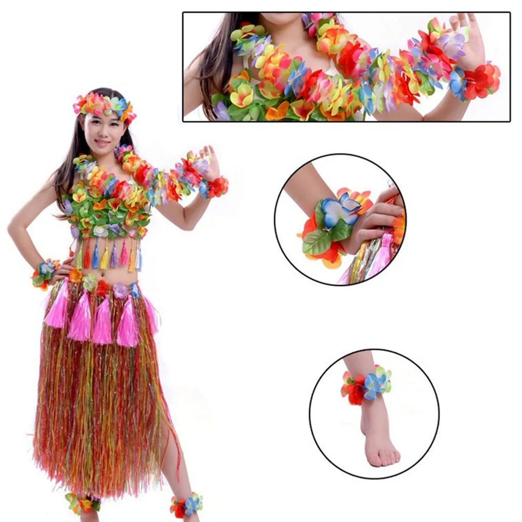 Костюм для пляжной вечеринки "Гавайский набор с цветным юбкой из травы" для танцев, изготовленный из яркой ткани для летних танцевальных украшений.