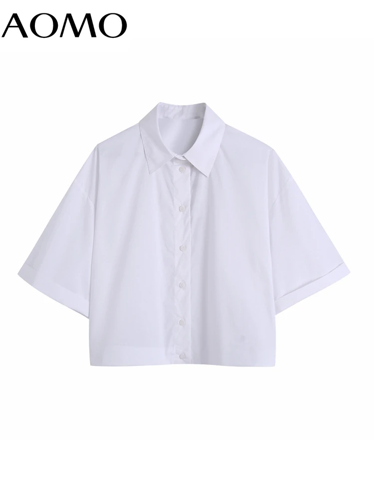 

AOMO Women Retro White Crop Shirt Summer Blouse Short Sleeve Chic Female Tops BE280A