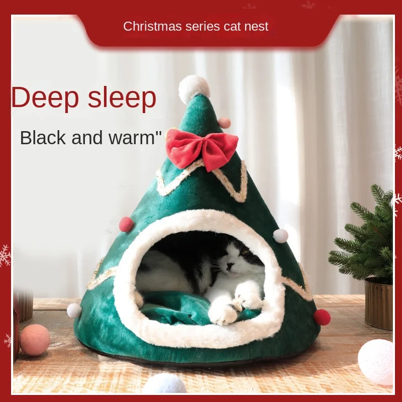 

Warm Closed Cat Nest Winter Plush Christmas Cat Nest WarmThree-dimensional Deep Sleeping Cat Bed Hammock Cat House Pet Supplies