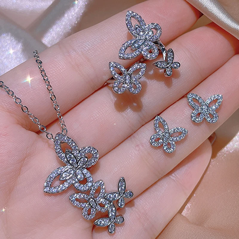 

Uilz 2022 Silver Color Butterfly Wedding Zircon Crystal Jewelry Set for Women Bracelet Earrings Necklace Ring Sets Bridal Gift