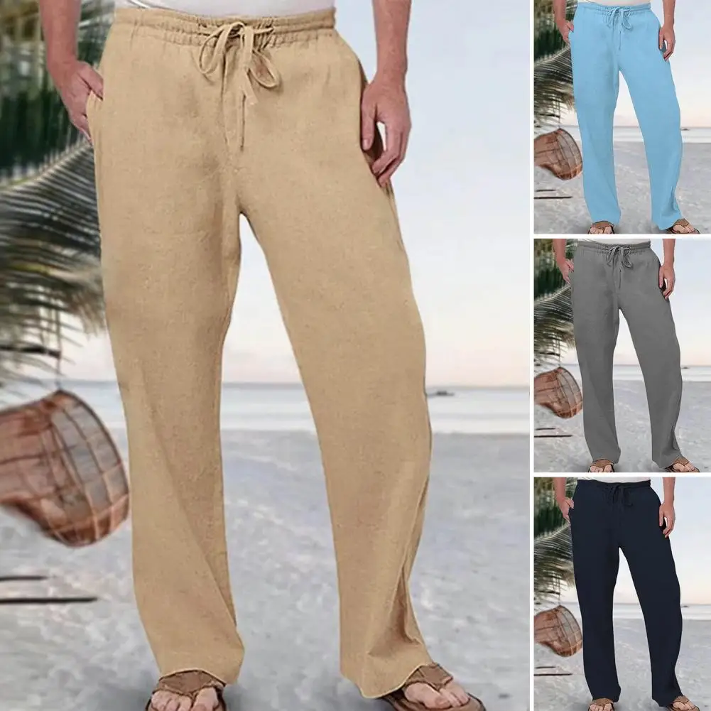 

Men Summer Pants Elastic Waist Drawstring Wide Leg Loose Trousers Solid Color Pockets Deep Crotch Long Trousers