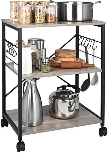 

Baker's , 3-Tier Industrial Microwave Stand with Hutch & 8 S-Shaped Hooks, Multifunctional Coffee Station Organizer with