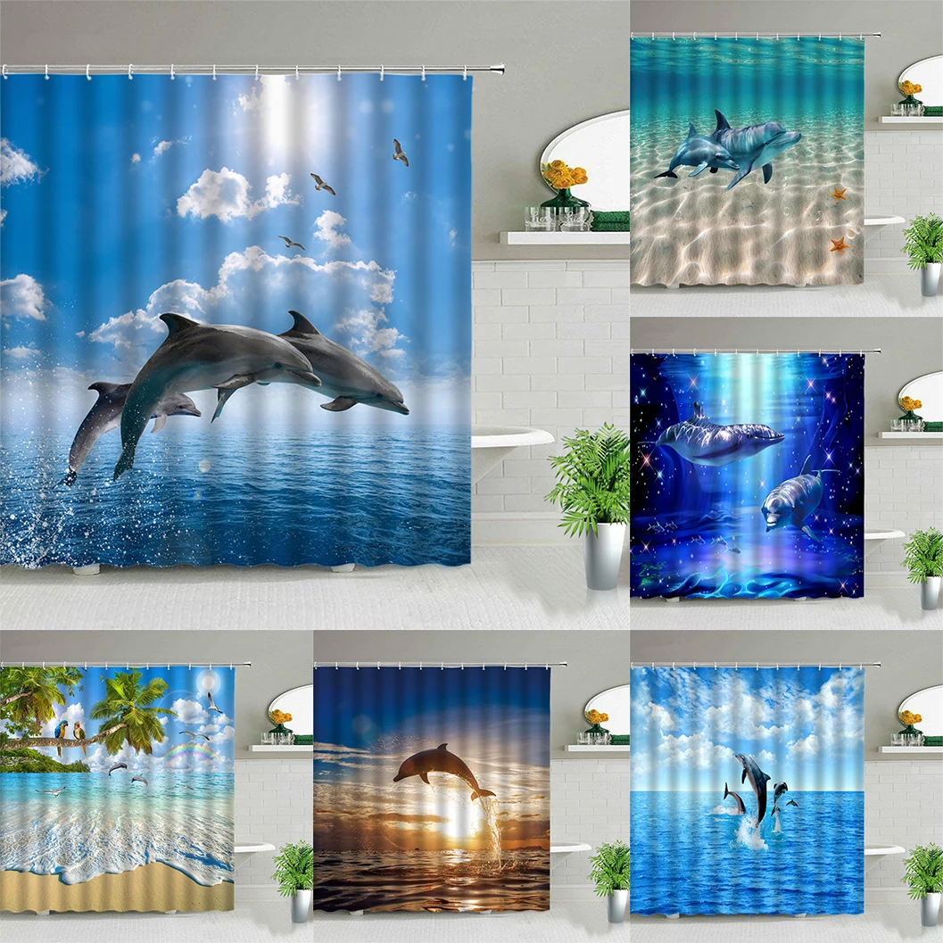 

Funny Dolphin Shower Curtains Cute Ocean Animal Blue Seawater Sea Wave Scenery Bathroom Decor Cloth Hanging Curtain With Hooks