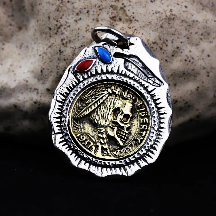 

S925 pure silver skull pendant necklace male tide ancient student individuality drop pendant
