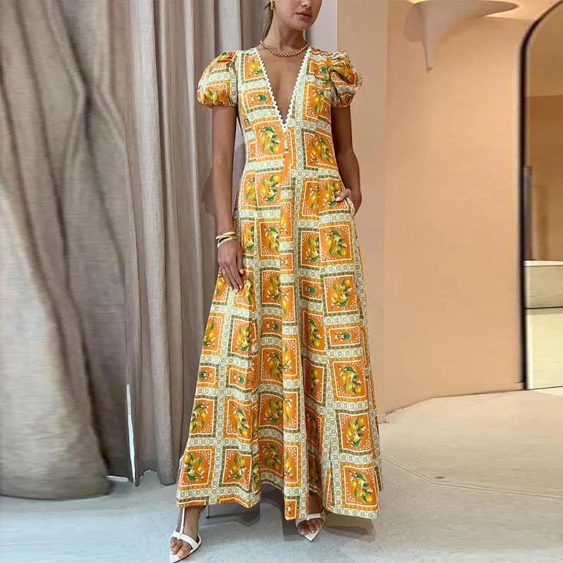 

Женское винтажное платье-трапеция, элегантное Свободное длинное платье с коротким рукавом-фонариком, кружевное платье с глубоким V-образным вырезом и модным принтом