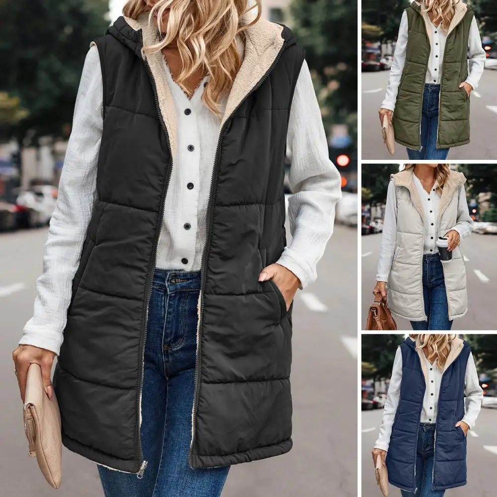 

Fleece Lining Reversible Women's Vest Cotton Coat Autumn And Winter Hooded Long Coat Sleeveless Loose Women's Vest Snowwear