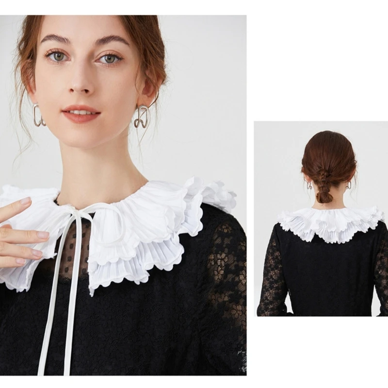 

Scalloped Lace Trim False Collar Ladies White Layered Pleated Shawl Wrap Detachable Lace-Up Capelet Clothes Accessories