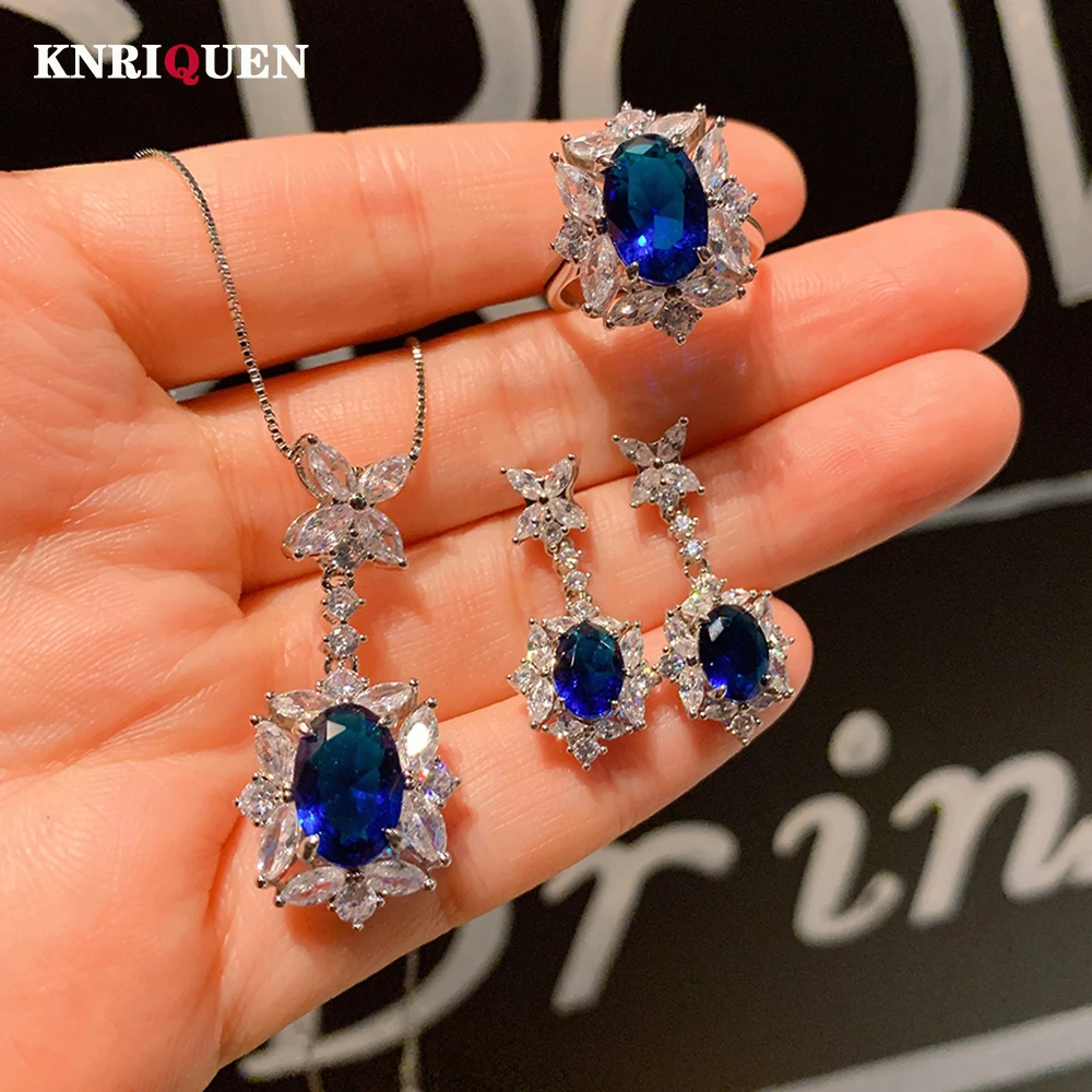 Vintage Sapphire Jewelry Sets for Women Rings Pendant Necklace Drop Earrings Lab Diamond Wedding Party Accessories Female Gift