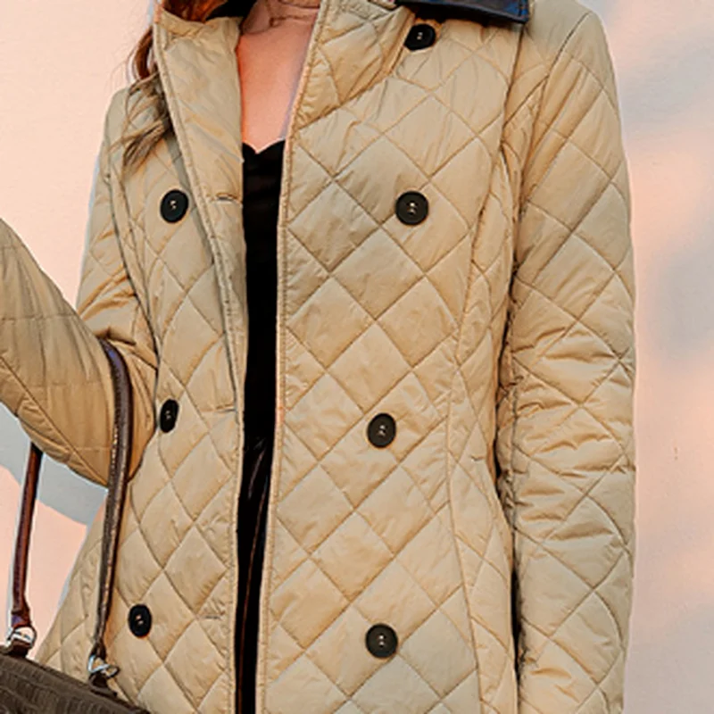 Autumn and Winter Lapel Double-breasted Lace-up Stitching Long Cotton Padded Jacket Brown Ladies Retro Windproof Cotton Jacket