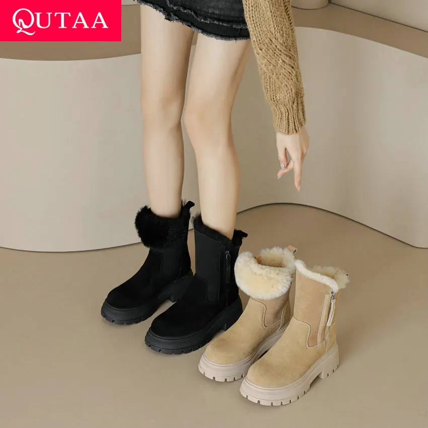 QUTAA/2024 г. Теплые шерстяные женские ботильоны повседневная обувь из натуральной