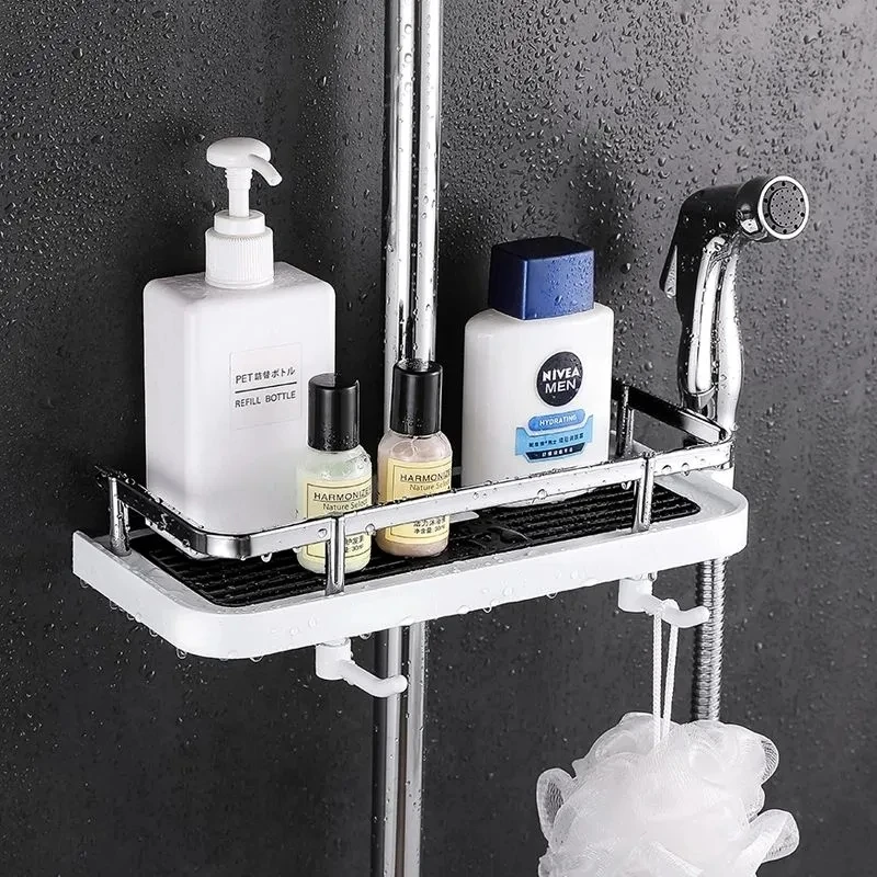 

Bathroom Shower Storage Rack Organizer Pole Shelves Shampoo Tray Stand Single Tier No Drilling Lifting Rod Shower Wall Shelf
