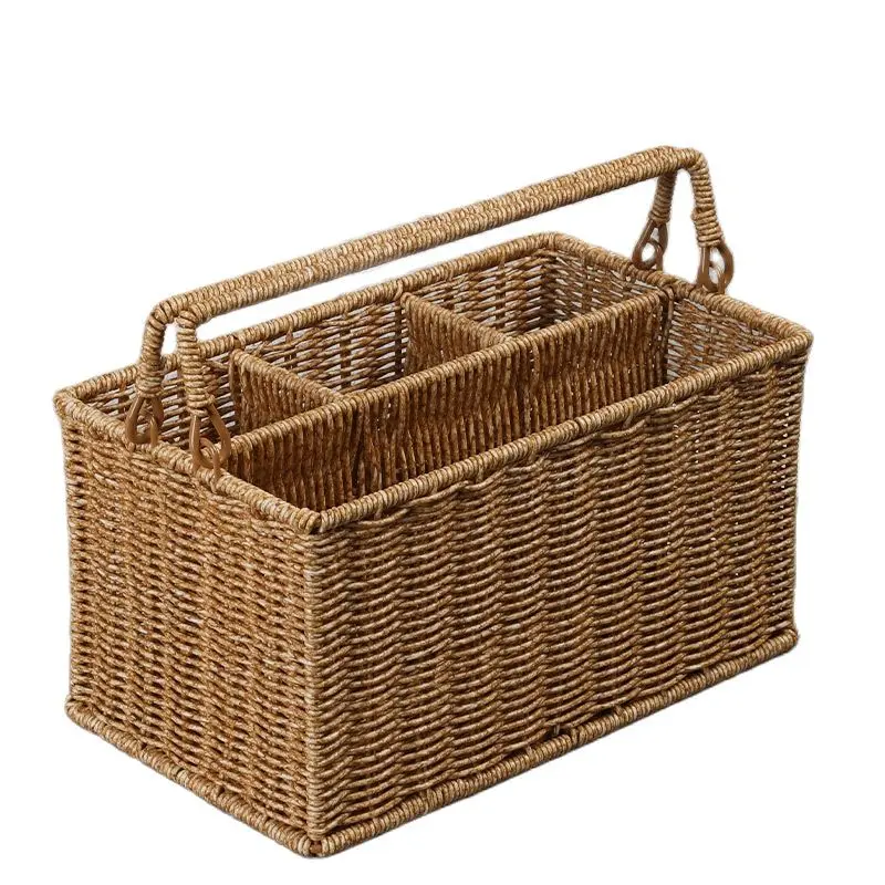 

CAMIGEL Rattan Woven Portable Tool Basket, Outdoor Picnic Seasoning Bottle Knife and Fork Split Storage Basket