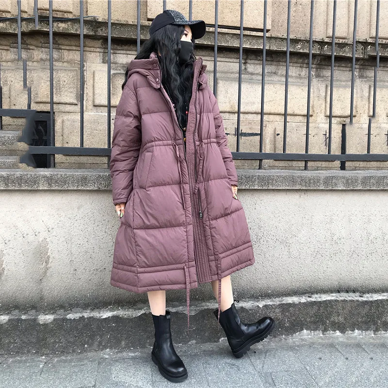 

European Station 2022 Winter Large Size Loose Thickened Hooded Fashion High Waist Literary Retro Long Zip Down Jacket