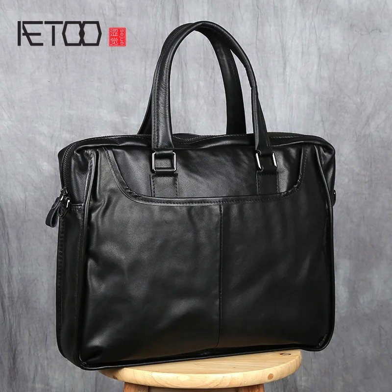 

AETOO Handbag Men's Leather Business Casual Briefcase Head Layer Cowhide Shoulder Messenger Bag Horizontal Men's Bag Computer Ba
