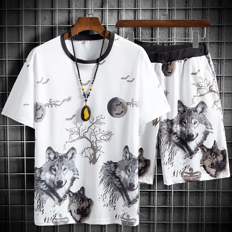 

[T-shirt + Shorts] Summer New Ice Silk Thin Section Quick-drying 3D Printing Short-sleeved Suit Shorts Two-piece Men's