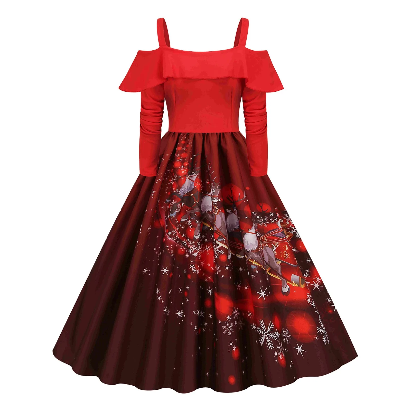 

Women's Halter Ruffle Long Sleeve Strapless Splicing Christmas Printed Big Hem Dress 2022 vestido Female dress vestidos mujer