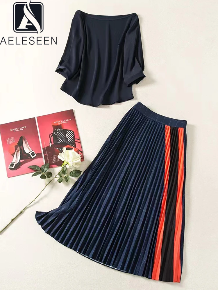 

AELESEEN Fashion Designer 2022 Summer Set Women High Quality Top + Elastic Waist Pleated Skirt Striped Office Lady 2 Pieces