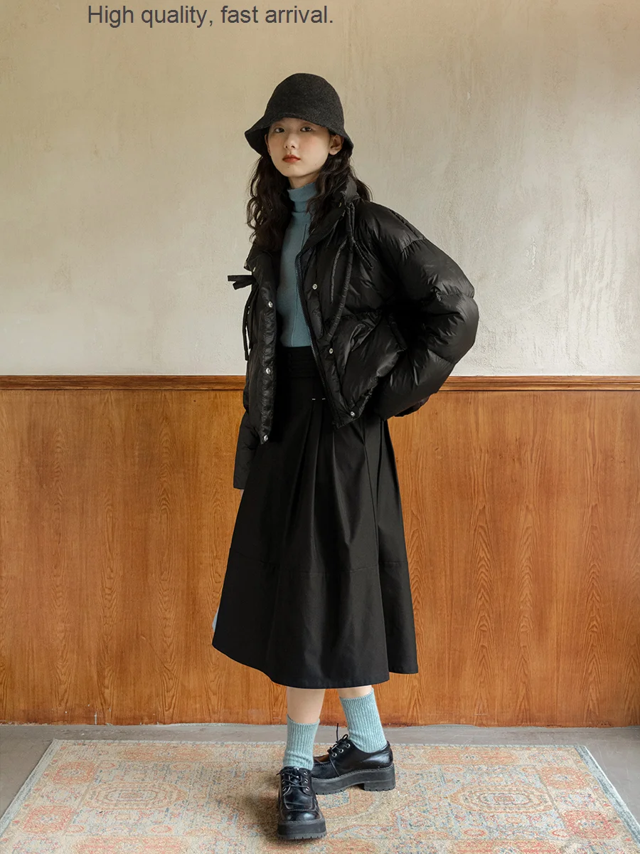 

Night Bow Dark Black with High Collar down Jacket 90 White Duck down Cute Short Women's Warm Coat Winter