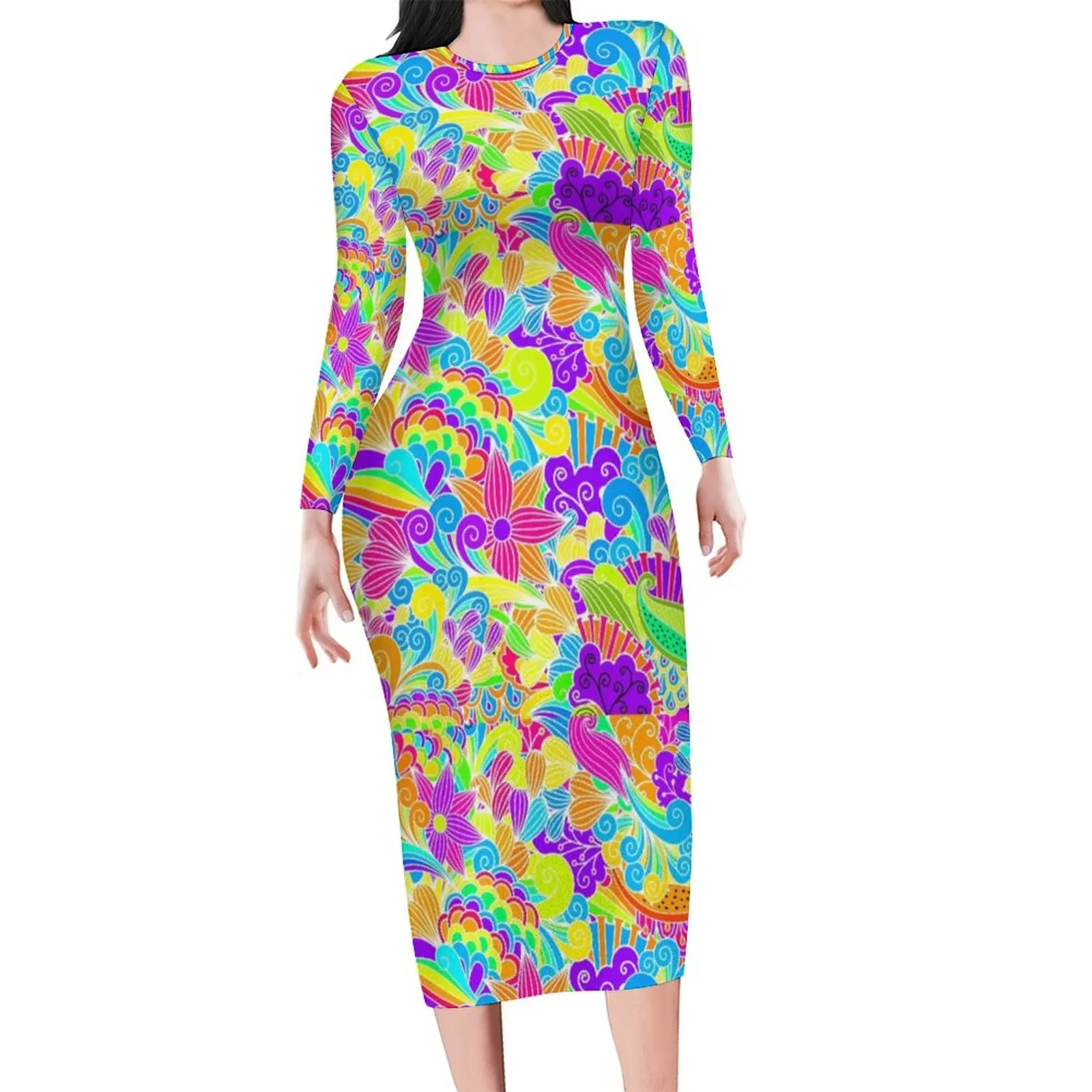 

Красочное облегающее платье в стиле хиппи, женские платья в стиле ретро с цветочным принтом, праздничное уличное платье с длинным рукавом и ...