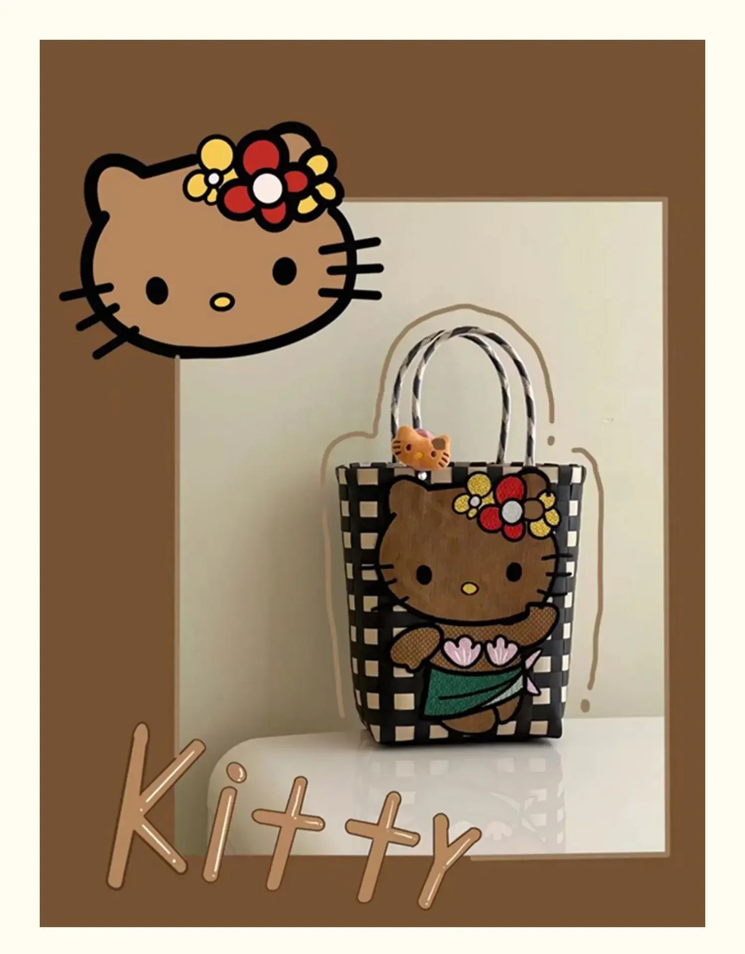 

Anime Hello Kitty Hawaiian Woven Bag Black Leather Sanrio Kitty Portable Vegetable Basket Girl Hot Girl Bag Women's Handbag