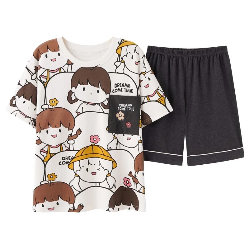 

Летняя Хлопковая женская пижама 2021, женский костюм с коротким рукавом, 2 шт., простая Пижама с мультяшным принтом для девочек, Женская домашн...