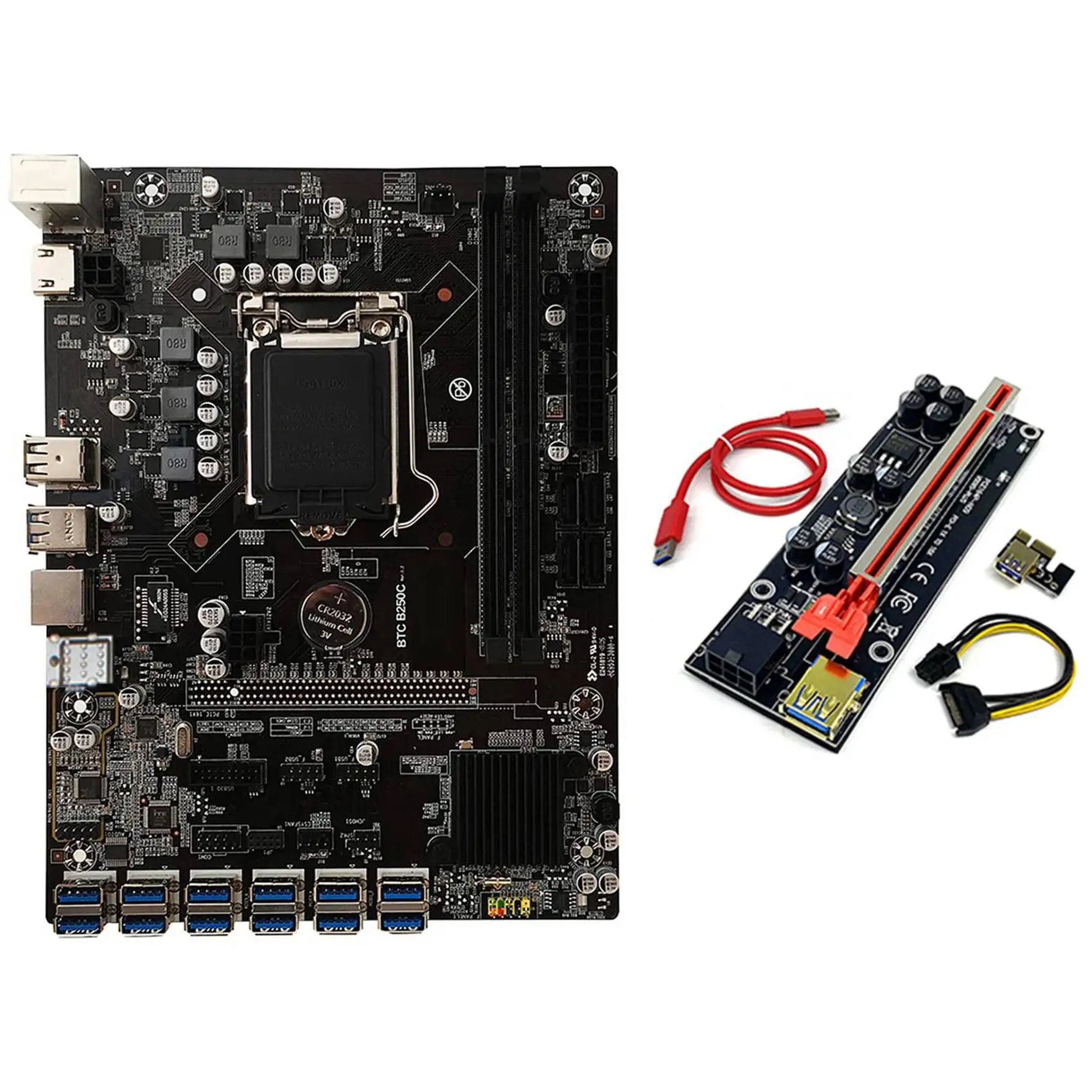 

B250C BTC Miner Motherboard+009S Plus Riser Card Enhanced Version 12XPCIE to USB3.0 GPU Slot LGA1151 Mining Motherboard