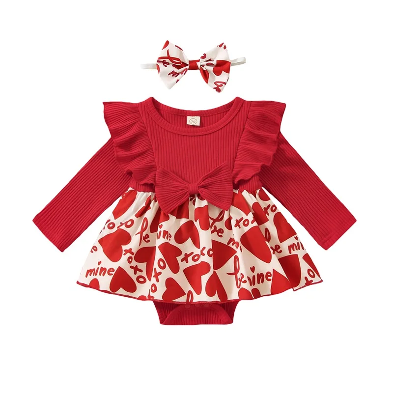 

Valentines Day Baby Girl Outfit 2Pcs Long Sleeve Round Neck Heart Print Clothes Fall Crotch Button Short Jumpsuit with Headband