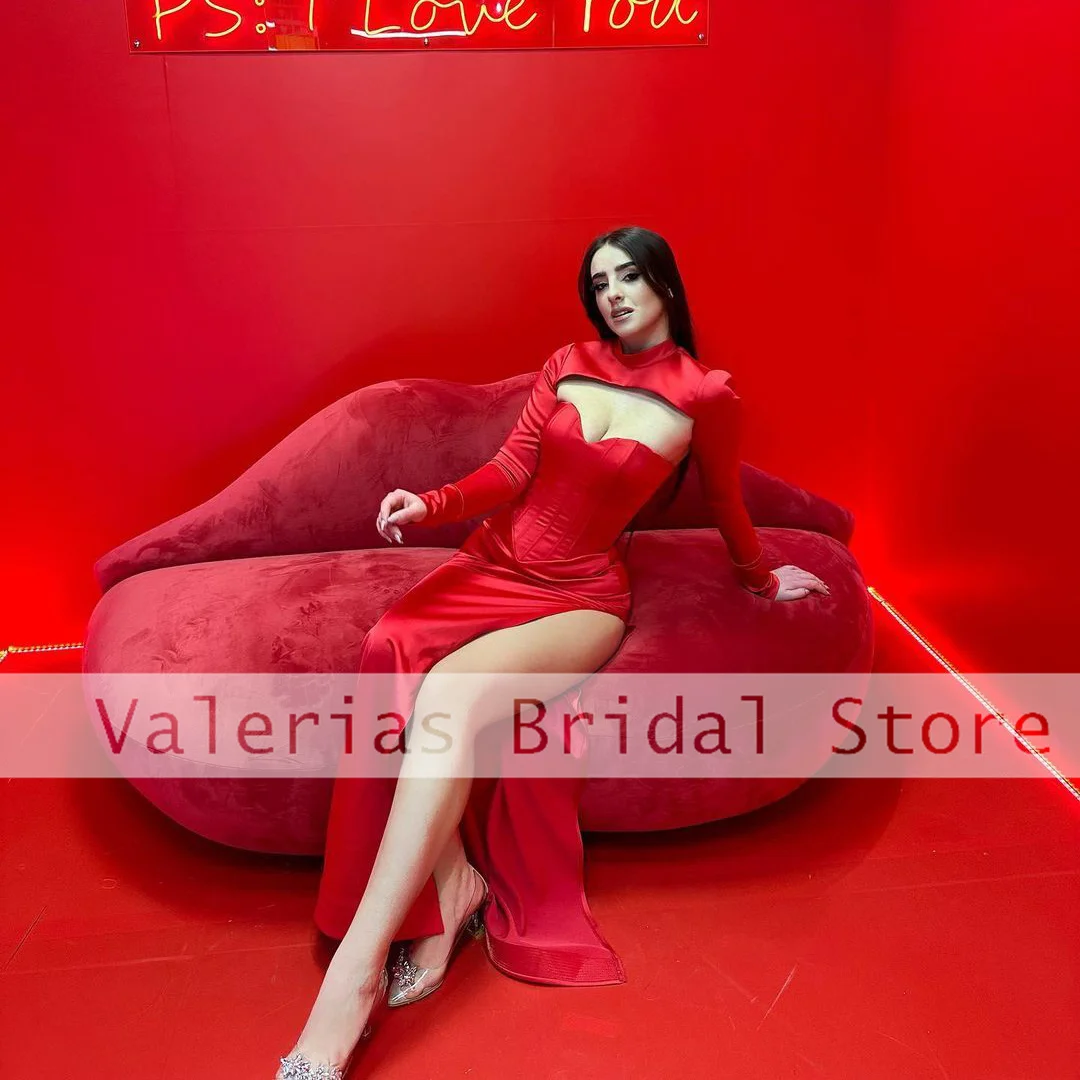 

Sexy Red Mermaid Prom Dress Women Long Dresses Evening Club Outfits Long Sleeve Satin Elegant Slit Maxi Gowns Vestidos De Gala