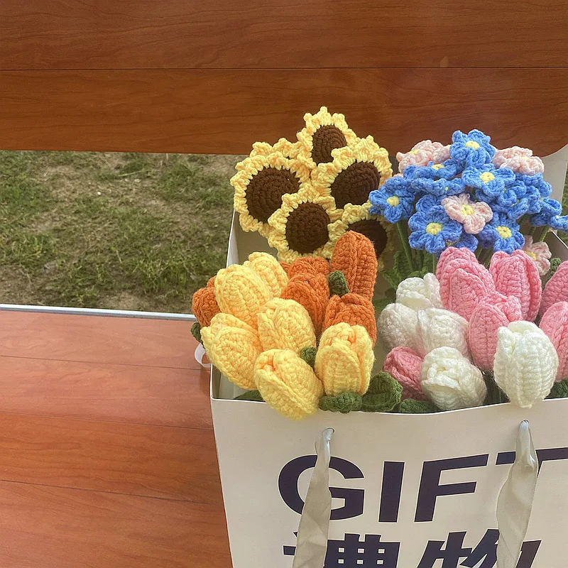 

Simulated Bouquet Finished Product Hand Woven Valentine's Day Teacher's Day Gift Ins Wind Tulip Rose Sunflower