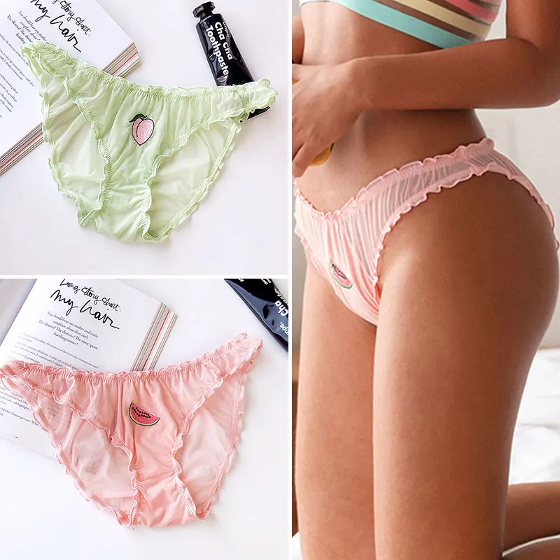 

Sweet Plus Size Perspective Women Panties Sexy Low-waist Briefs Lace Embroidery Fruit Underpants Cute Crumpled Girls Underwear